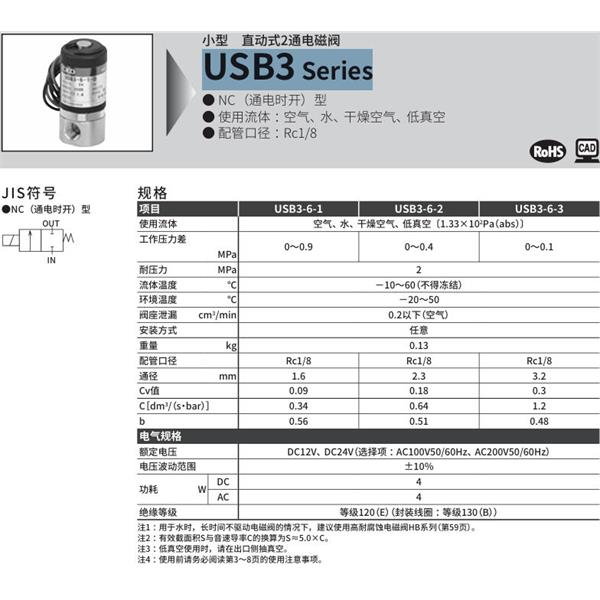 CKD喜開(kāi)理多種流體小型直動(dòng)式2通電磁閥USB3-6-3-B-DC12V