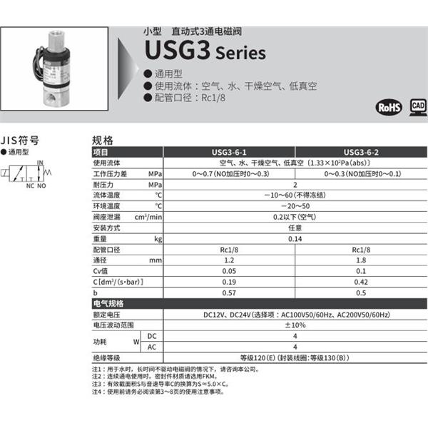 CKD喜開理多種流體小型直動(dòng)式2通電磁閥USG3-6-1-M-AC200V