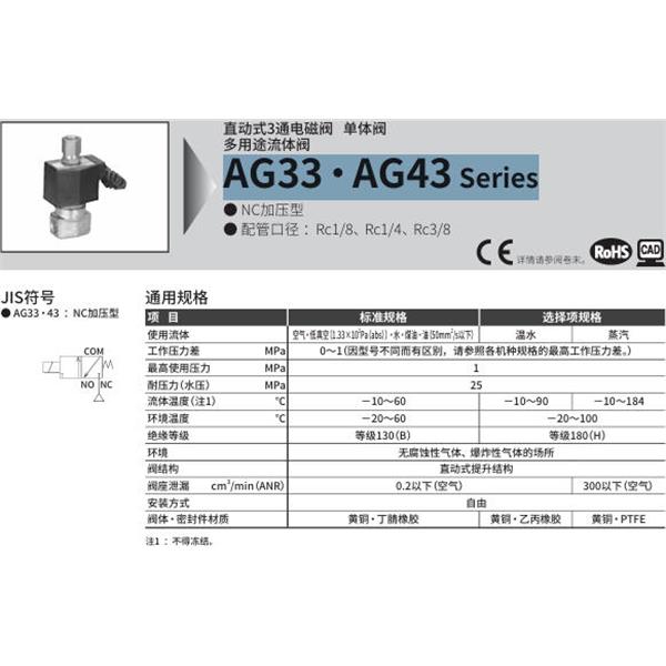 CKD喜開理多種流體直動式2通電磁集成閥AG33-02-1-AC200V