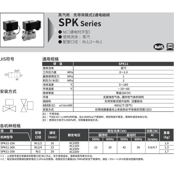 CKD喜開理蒸汽用先導突跳式2通電磁閥SPK11-20A-C4A-AC100V