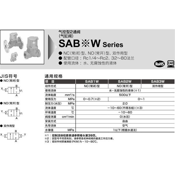 CKD喜開理氣控型2通閥（氣缸閥）SAB3W-20A-0B