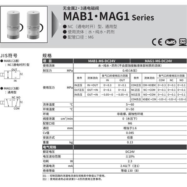 CKD喜開(kāi)理無(wú)金屬2?3通電磁閥MAG1-M6-DC24V