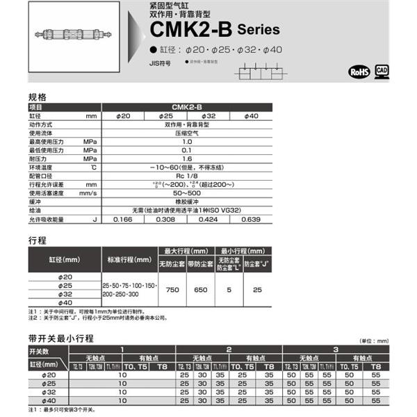 CKD喜開(kāi)理緊固型氣缸CMK2-B-LB-32-25-25-JI