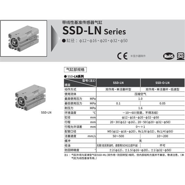 CKD喜開(kāi)理扁平緊湊型氣缸SSD-LN-5050-10HC125LDSDN