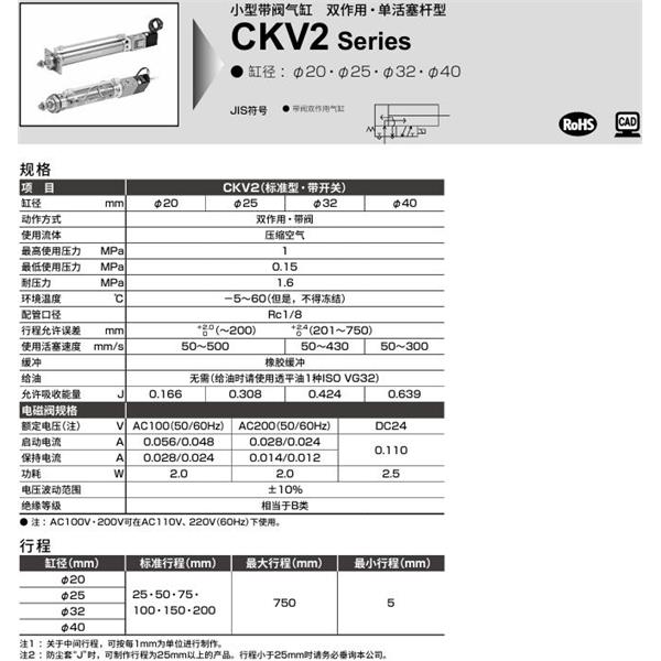 CKD喜開理小型帶閥氣缸CKV2-LB-20-25-U-1-T0H-R-JI